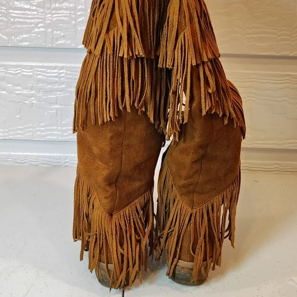 Not Rated Fringe Brown Suede Boots Festival Boho Western Size 6.5 Pull On - Picture 7 of 10